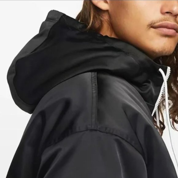 Nike Men's Solo Swoosh Satin Black Anorak 1/2 Zip Hooded Jacket - Picture 6 of 7